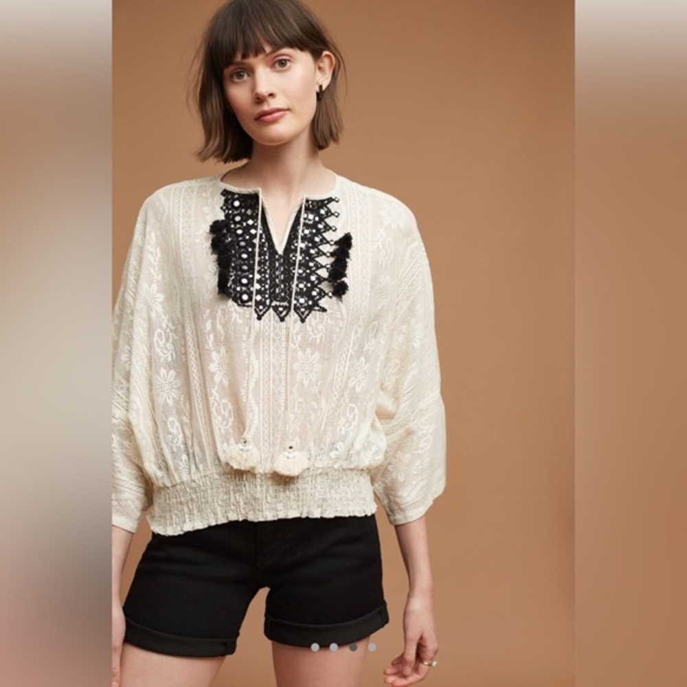 Anthropologie Cream and Black Embellished Iona Lace Top by Vineet Bahl